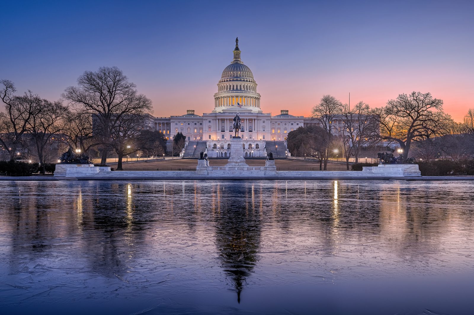 The United States Capitol building at dusk
